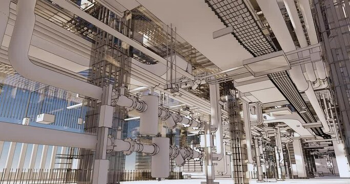 Visualization of a BIM model of utilites office building with transparent walls	
