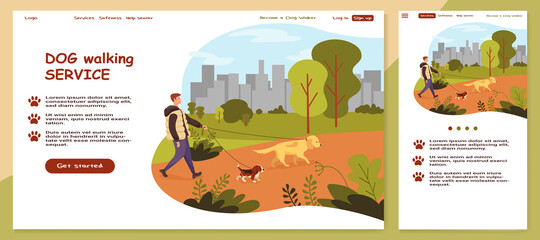 A man walks with dogs in a city park. Dog walking service concept. Landing page for website and mobile version. Banner, website poster template. Vector illustration in cartoon style.