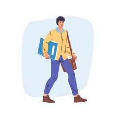 Cartoon flat male character walks on abstract background.Young stylish man walking with books and bag-web online banner design,social concept