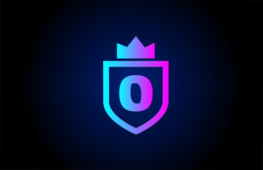 royal O alphabet letter icon logo for business. Company design with king crown and shield in gradient color for corporate identity