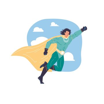Vector cartoon flat superhero character in cape fly in sky - web online site banner,mass pop culture,protection,aspiration,power,strength,confidence,responsibility social concept