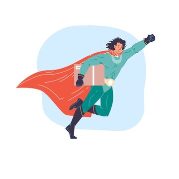 Vector cartoon flat superhero character in cape fly in sky with order package-super fast orders delivery,mass pop culture,speed,power,confidence,responsibility,web site banner design concept