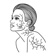 Art portrait of a girl black contour isolated on white background, with cracks, kintsugi, stock vector illustration for design and decor, print, template, banner