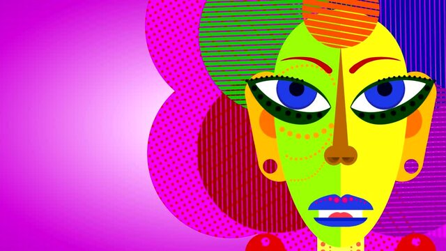 Abstract painted girl head with multi-colored face elements, rotating eyes and hair. Animation of a fantastic character with moving facial expressions. Looped video drawing on a purple background.
