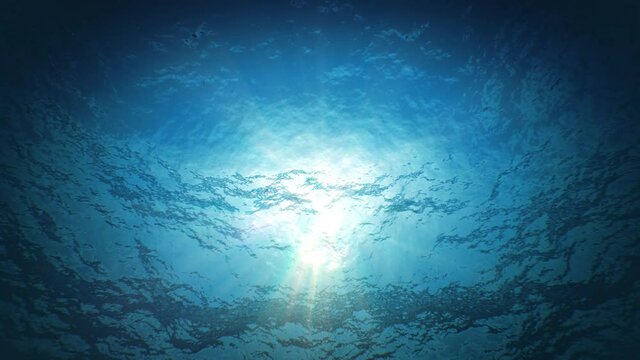 Beautiful Underwater Sun Light Beams Shining Through the Deep Blue Clear Water Seamless. Loop 3d Animation of Waving Water Surface from the Deep. 4k Ultra HD 3840x2160.