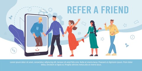 Cartoon flat characters get acquainted in refer a friend service.Happy young people shaking hands in mobile phone app-referral program,communication,friendship,web site banner ad,social media concept