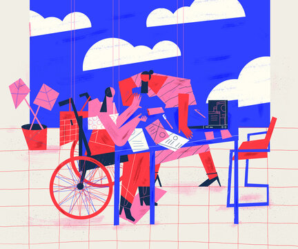 Handicapped person sitting in a wheelchair works with co-worker together in the office environment. Inclusion and integration at work conceptual illustration.