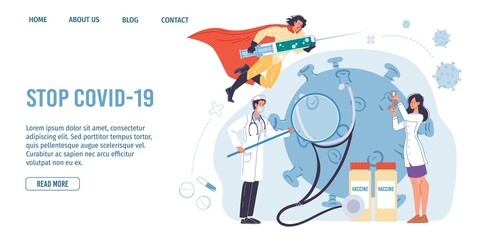 Obraz na płótnie Canvas Vector cartoon flat superhero character carries coronavirus vaccine syringe,doctors examine huge covid virus-prevention,protection,pandemic viral infection vaccination,medical landing page concept