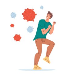 Cartoon flat male character in fear of coronavirus covid-19.Afraid man in panic,scary of viral respiratory infection disease-pandemia prevention protection,medical web online banner social concept