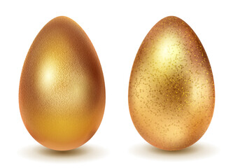 Two realistic Easter eggs with different surface texture in golden colors. With shadow on white background