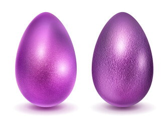 Two realistic Easter eggs with different surface texture in purple colors. With shadow on white background