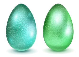 Two realistic Easter eggs with different surface texture in green and turquoise colors. With shadow on white background