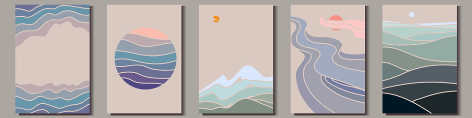 Abstract nature drawings in minimalistic oriental style. Sun, sky, mountain and water landscapes. Vector Illustration