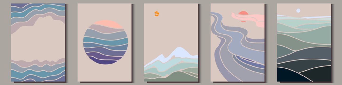 Abstract nature drawings in minimalistic oriental style. Sun, sky, mountain and water landscapes. Vector Illustration