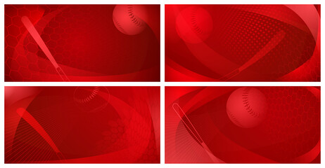 Set of four backgrounds with baseball bat and ball in red colors - obrazy, fototapety, plakaty