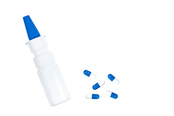 medical capsules blue and white and nasal spray .Isolate