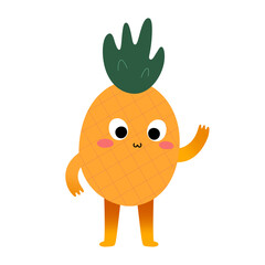 Cute pineapple character, sweet tropical fruit, funny cartoon mascot with cute face expression waving hello, vector illustration isolated on white