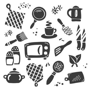 A set of kitchen items: kettle, frying pan, microwave oven, knife, cup, glove, seasoning, salt. Vector isolated black and white illustration silhouette. Hand drawn style