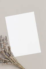 White invitation card mockup with a dried lavender on the beige table. 5x7 ratio, similar to A6, A5.