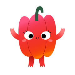 Cute vegetable character, sweet paprika pepper, kawaii cartoon veggie character with funny face expression, vector illustration isolated on white