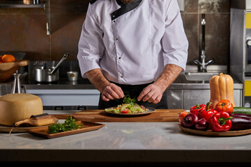 Chef man neatly decorates the dish. young professional chef adding some piquancy to meal. in modern kitchen, at work in uniform