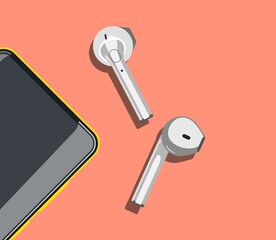 Smartphone with wireless earphones from top view on light red background. Closeup view gadgets vector illustration.