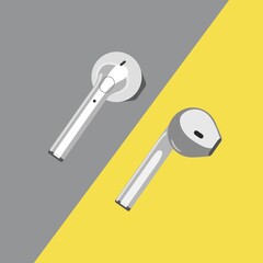 Wireless earphones from top view on yellow and grey background. Trendy colors 2021 background. Closeup view vector illustration.