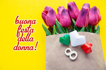 International Women's Day in Italian on traditional yellow mimosas background,  with number 8 and tulip flowers