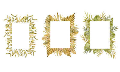 Obraz premium Watercolor hand painted three frames with tropical jungle leaves on white background. Hand drawn floral boho illustration for wedding, anniversary, birthday, etc. invitations