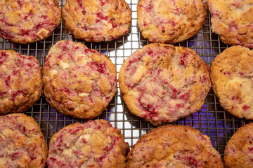 A trey of freshly home baked delicious Raspberry and White Chocolate Cookies