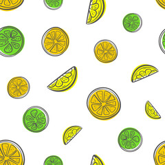 Seamless hand drawn fruit pattern. Citrus food concept. Orange, lime and lemon slices vector texture.