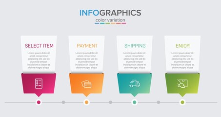 Concept of shopping process with 4 successive steps. Four colorful graphic elements. Timeline design for brochure, presentation, web site. Infographic design layout.
