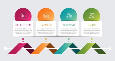 Concept of shopping process with 4 successive steps. Four colorful graphic elements. Timeline design for brochure, presentation, web site. Infographic design layout.
