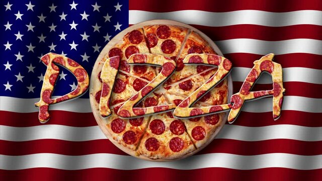 Video of rotating pepperoni pizza with the inscription Pizza on the background of the American flag. Vintage.