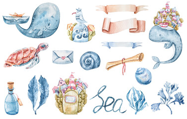 Watercolor sea life set on white background. Watercolor painting objects. Hand drawn colorful illustration for books, prints, stickers