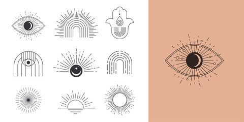 Bohemian linear logos, icons and symbols, sun design templates, geometric abstract design elements for decoration. 
