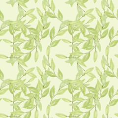 Naklejka na ściany i meble Watercolor floral leafs seamless pattern. Green background with leafs