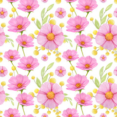 Fototapeta na wymiar Watercolor Pink floral seamless pattern. Flowers wallpaper. Wildfloral paper