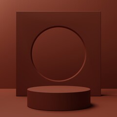 Minimal stage mock up. Brown cylinder and red background stage. Pedestal display. Empty product stand. Geometric shapes. 3d render illustration