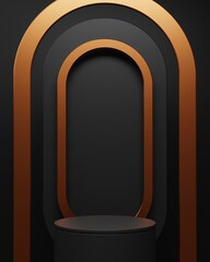 Black podium pedestal background. Minimal cosmetic background for product presentation. Empty stage showcase backdrop. 3d rendering