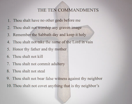 The Ten Commandments With A Rustic Wooden Cross Overlaid