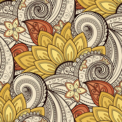 Seamless Pattern with Vintage Floral Motifs. Endless Texture with Flowers and Leaves. Nature Inspired Ornament. Swatch for Fabric Textile, Wrapping Paper, Wallpaper. Vector Contour Illustration