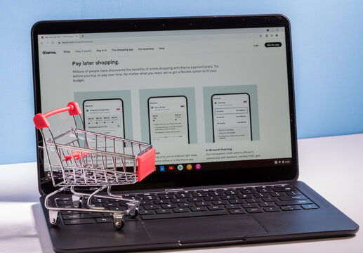 Morgantown, WV - 2 March 2021: Shopping Cart On Laptop To Illustrate Buying Using The Klarna App For Buy Now, Pay Later Credit