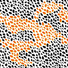 Full seamless leopard cheetah animal skin pattern. Ornamental Orange Black Design for women textile fabric printing. Suitable for trendy fashion use.