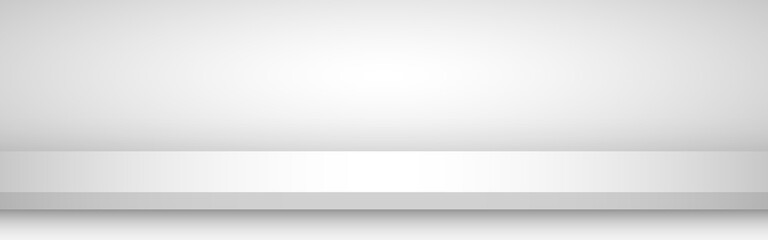 White studio table. Empty light background. White shelf for advertising. Design template for displaying product. Minimal neutral mockup. Vector illustration