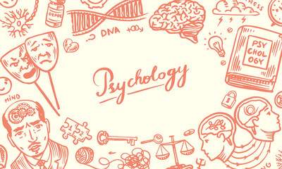 Psychology science poster or banner. Psychologist online. Clew and dna, puzzle and key. Hand drawn sketch. Psychological help. Brain and mind and mental health. Vintage retro signs. Doodle style. 