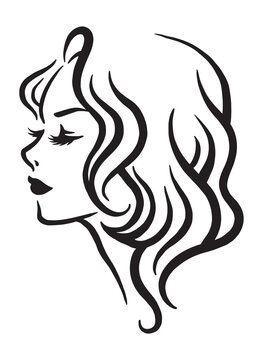A woman's side profile abstract illustration with curly hairstyle and long eyelashes. Freehand digital drawing of a beautiful girl.