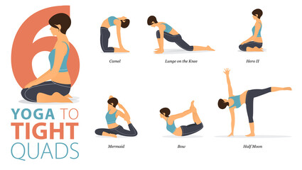 6 Yoga poses or asana posture for workout in Tight Quads concept. Women exercising for body stretching. Fitness infographic. Flat cartoon vector