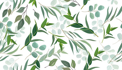 Seamless pattern of eucalyptus, fern, foliage, branches, green leaves © Iryna