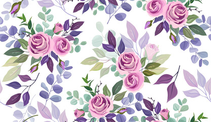 Seamless pattern with roses and purple leaves